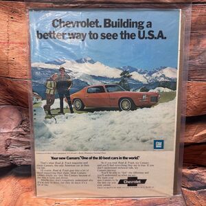 Chevrolet Camaro Vintage Print Ad 1970s Orange Car Rocky Mountains 8x11